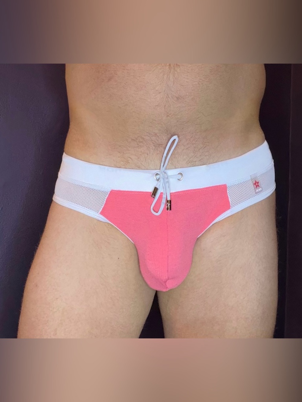 Men's Pink Mesh-Panel Swim Briefs size M with Drawstring